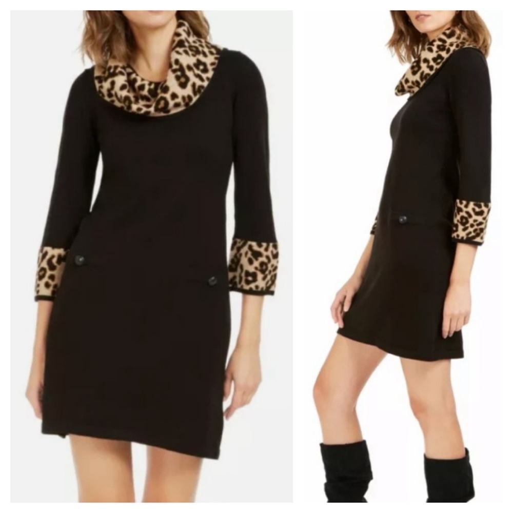 NWT Black Leopard Cowl Neck Sweater Midi Dress Size Small